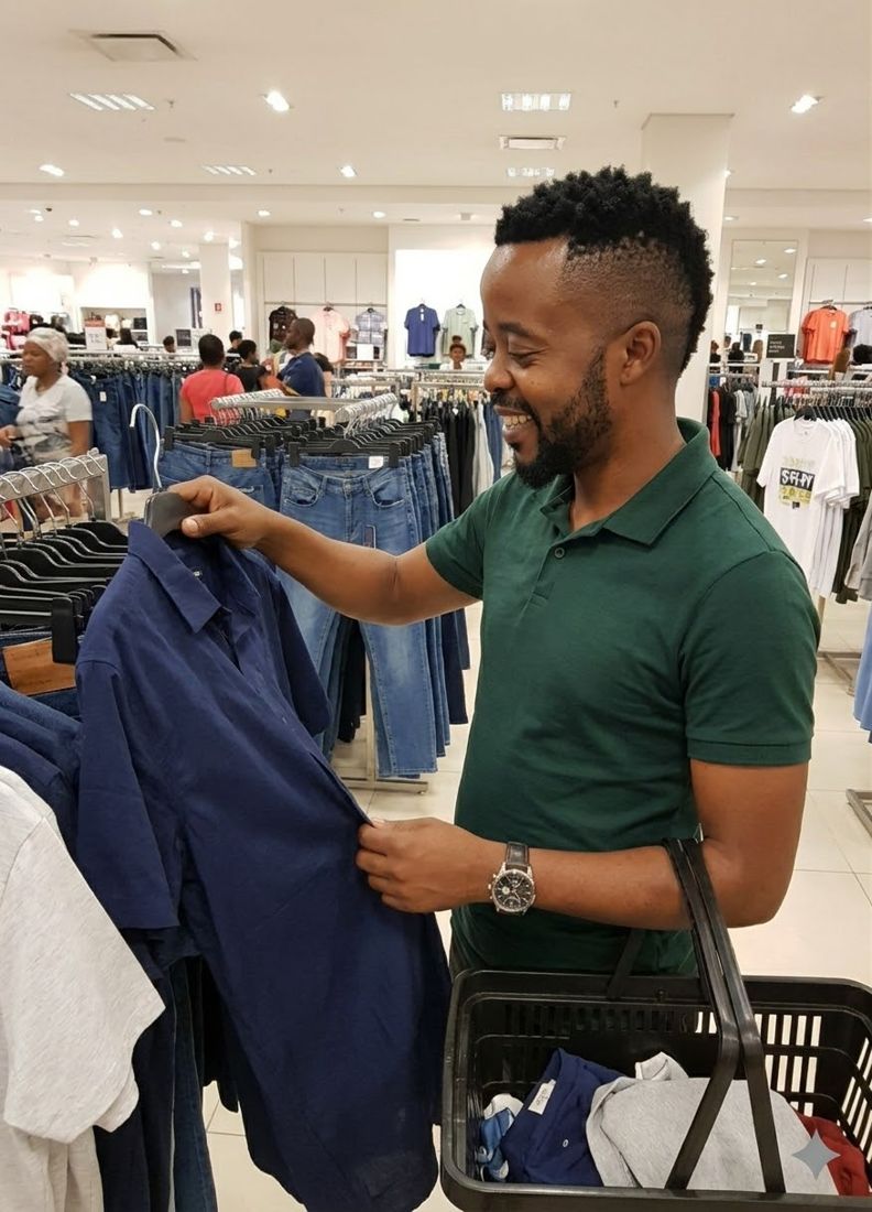 A smiling shopper looks through shirts on a rail in a clothing store